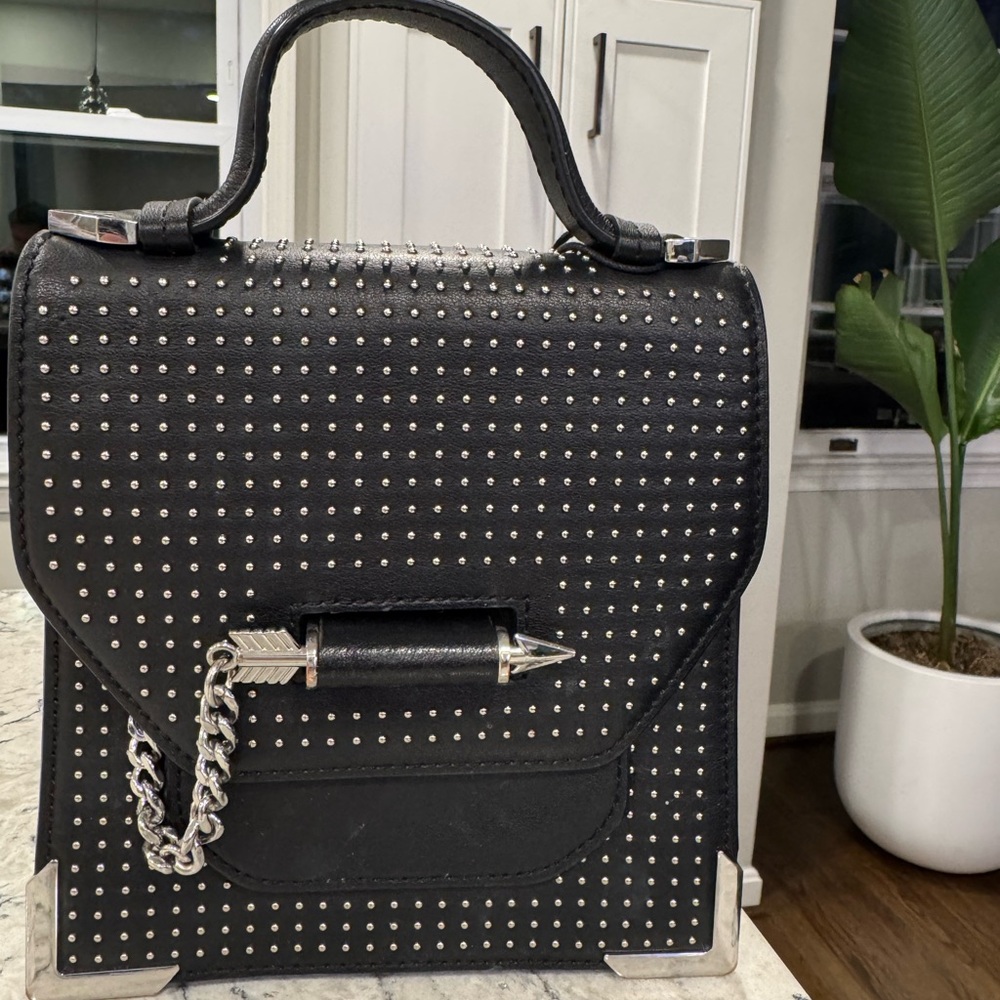 Mackage Black Mini Rubbie Leather Silver Arrow Closure Top Handle Bag